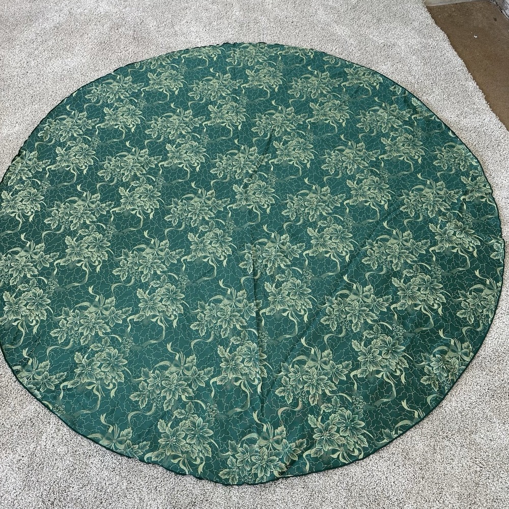 Vintage Harvest Green Round Tablecloth Damask Satin Floral Bow Christmas 70"